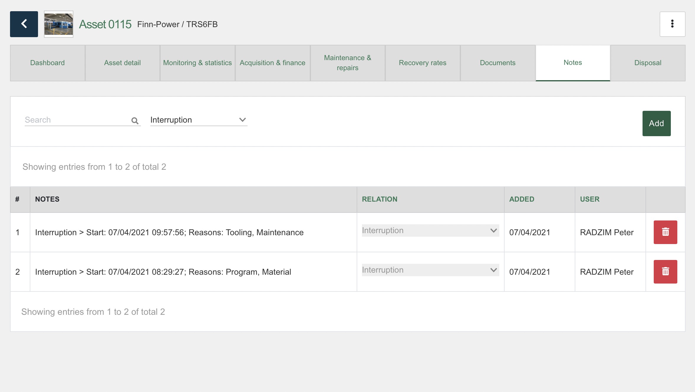 Selecting reasons for production interruption